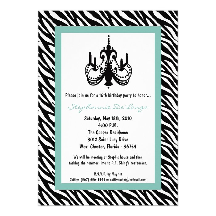 5x7 Chandelier Tiffa Zebra16th Birthday Invitation