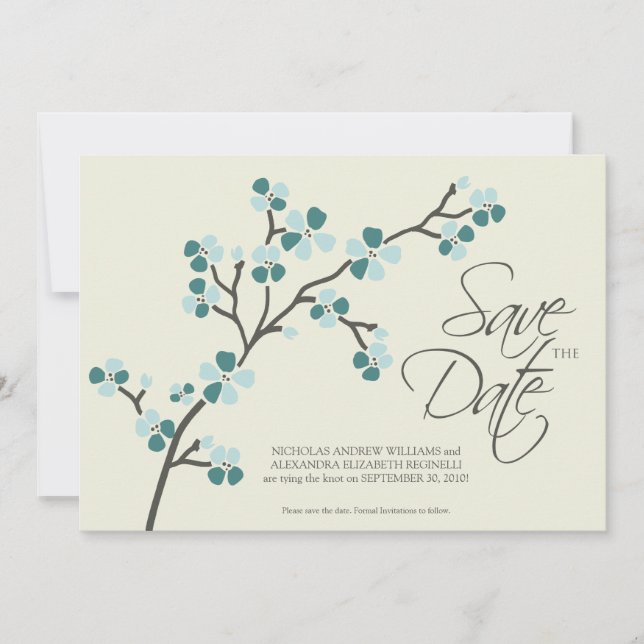 5X7 Cherry Blossom Designer Save the Date 2 teal (Front)