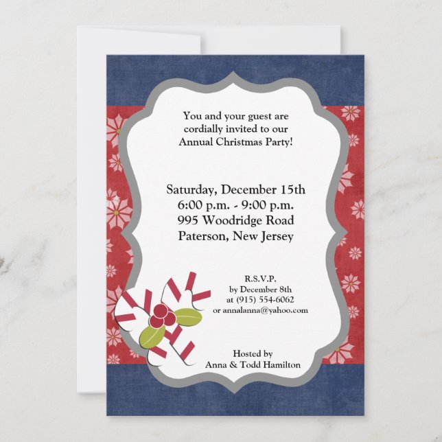 5x7 Christmas Holly on Candy Canes Invitation (Front)