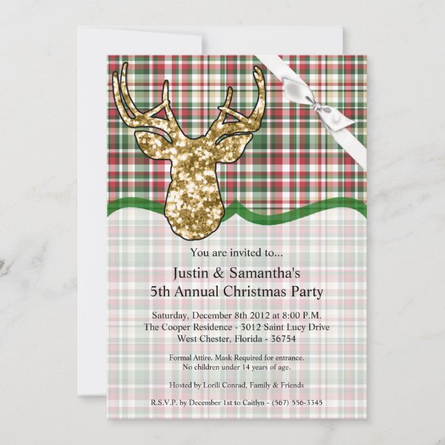 5x7 Christmas Invitation Gold Glitter Reindeer Pla (Front)