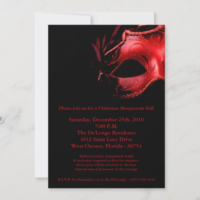 5x7 Christmas XMAS Masquerade Ball Mask Invitation (Front)