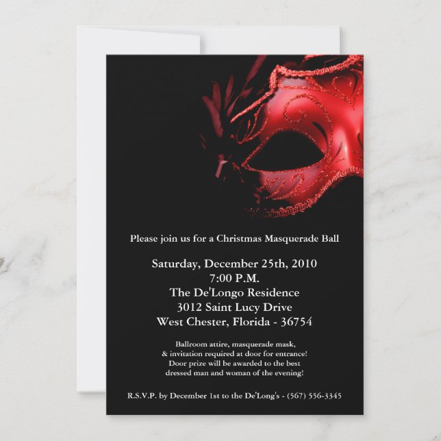 5x7 Christmas XMAS Masquerade Ball Mask Invitation (Front)