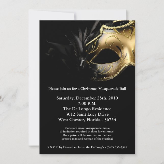 5x7 Christmas XMAS Masquerade Ball Mask Invitation (Front)