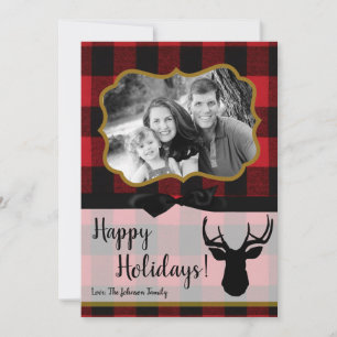 5x7 Christmas XMAS Red Black Plaid Deer PHOTO Card