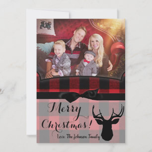 5x7 Christmas XMAS Red Black Plaid Deer PHOTO Card