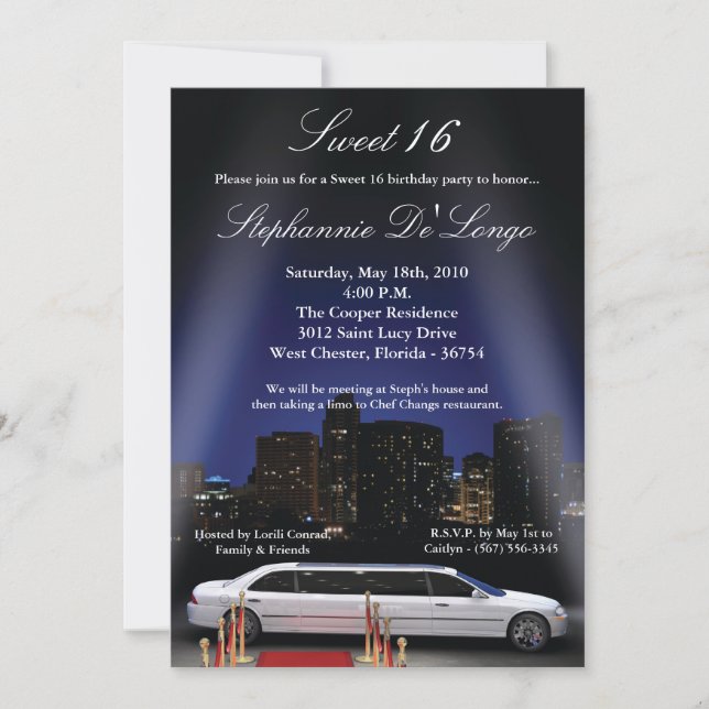 5x7 City Lights Limo Sweet 16 Birthday Invitation (Front)