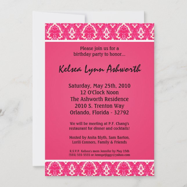 5x7 Colorful Pink Damask Birthday Invitation (Front)