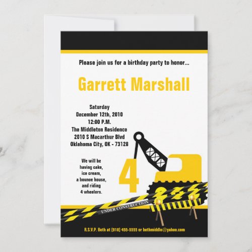 5x7 Construction Dozer Crane Birthday Invitation