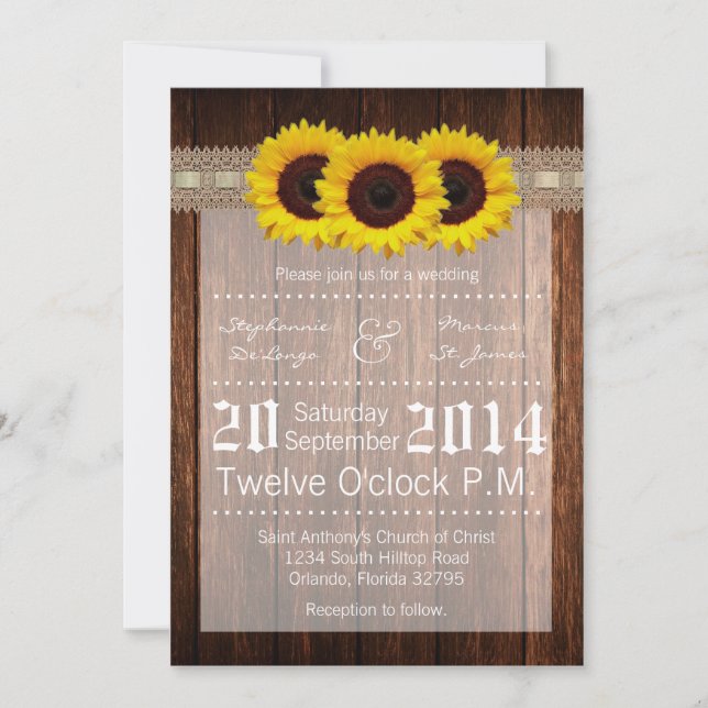 5x7 Country Sunflower Wood Lace Wedding Invitation (Front)