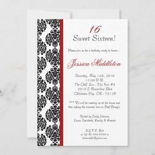 5x7 Crimson Red Damask Birthday Party Invitation