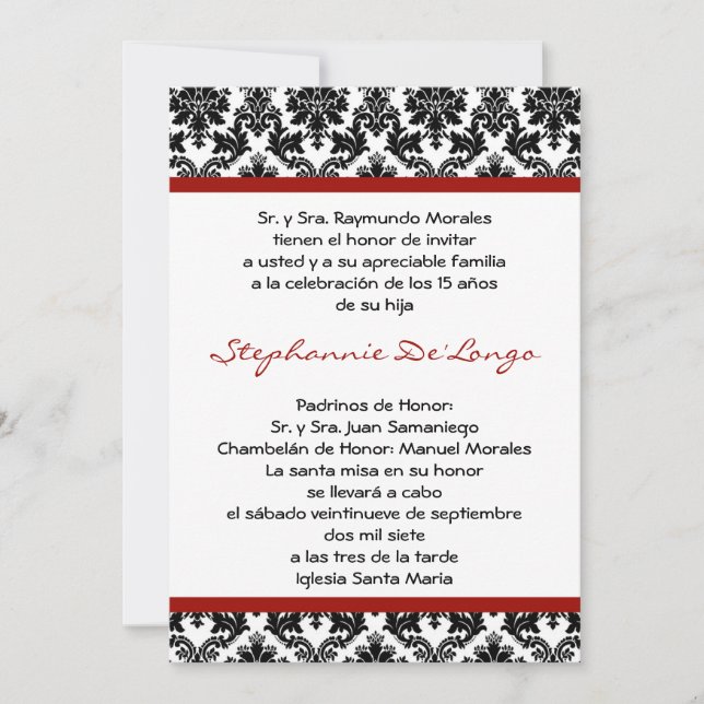 5x7 Crimson Red Damask Quinceanera Invitation (Front)