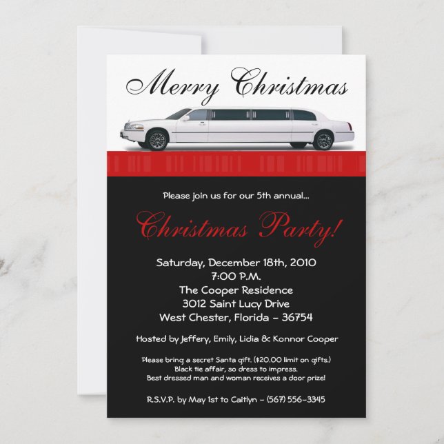 5x7 Crimson Red Limo Christmas Party Invitation (Front)