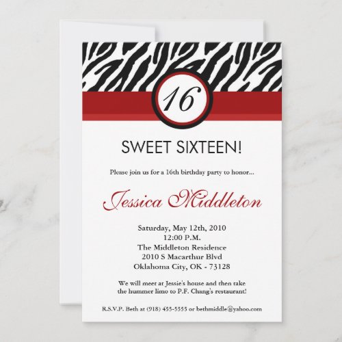 5x7 Crimson Red Zebra16th Birthday Invitation