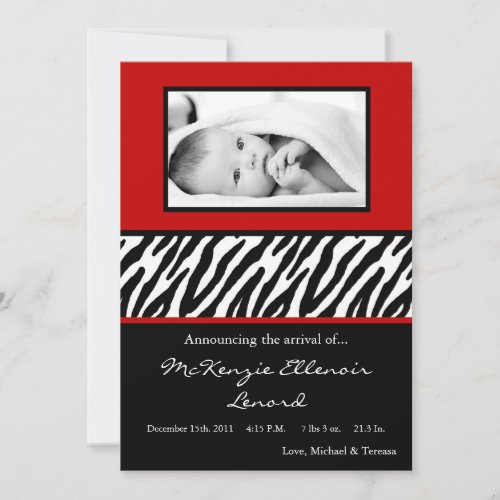 5x7 Crimson Red Zebra PHOTO Birth Announcement