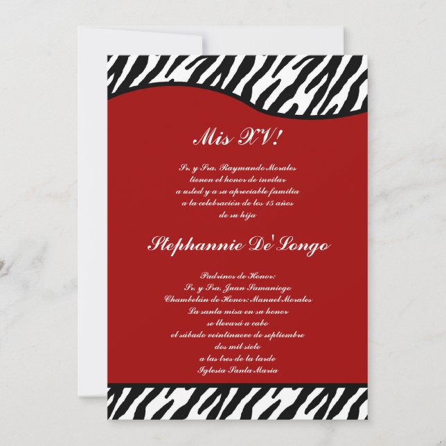 5x7 Crimson Red Zebra Quinceanera Party Invite (Front)
