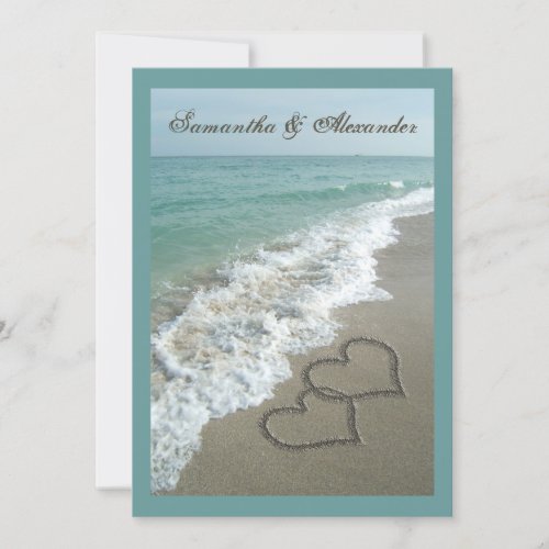 5x7 Custom Sand Hearts Beach Destination Wedding Personalized Announcement
