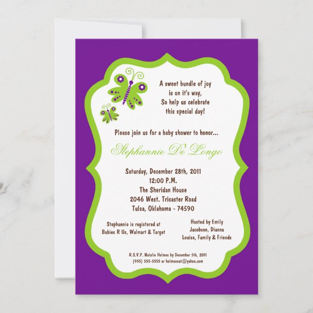 5x7 Dark Purple Butterfly Baby Shower Invitation (Front)