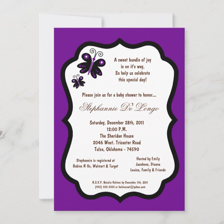 5x7 Dark Purple Butterfly Baby Shower Invitation Zazzle