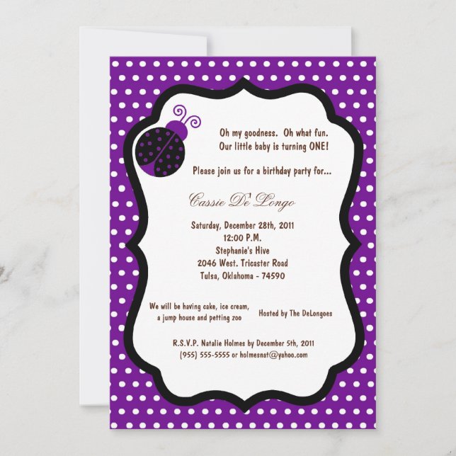 5x7 Dark Purple Lady Bug Birthday Party Invite (Front)