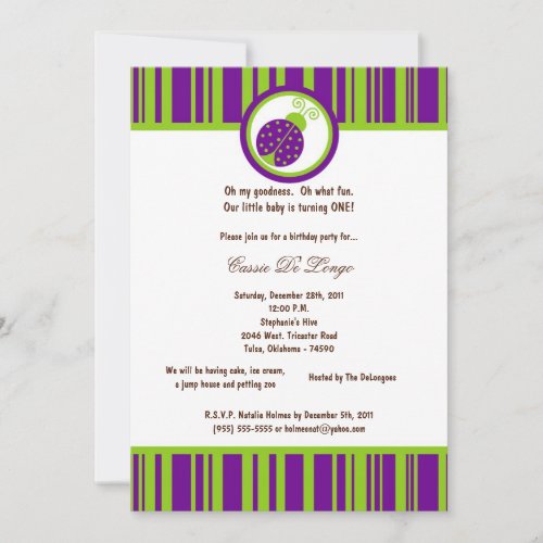5x7 Dark Purple Lady Bug Birthday Party Invite