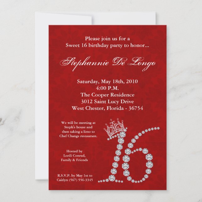 5x7 Diamond Ruby Crow Sweet 16 Birthday Invitation (Front)
