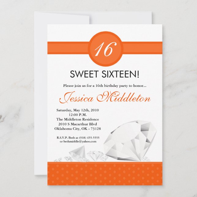 5x7 Diamonds Jewels Sweet 16 Birthday Invitation (Front)
