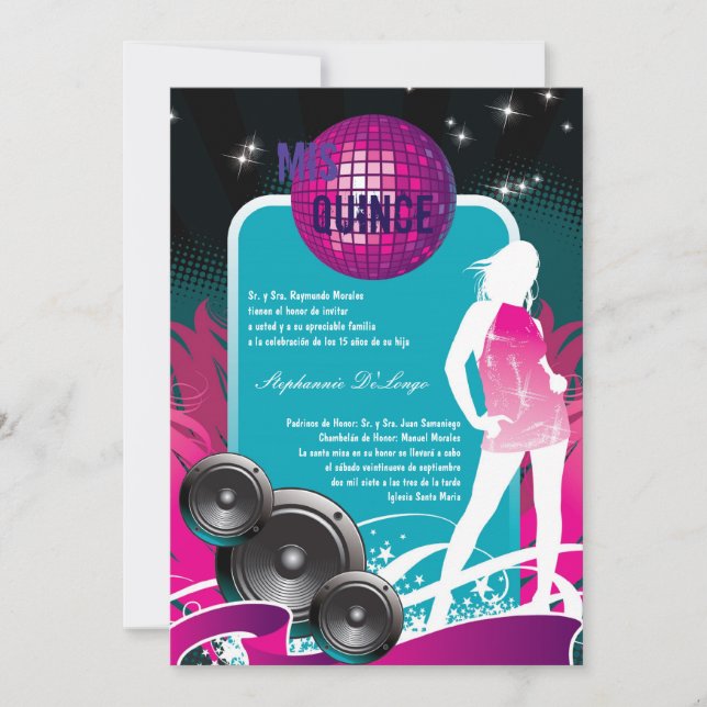 5x7 DJ Dance Party Girl Quinceanera Invitation (Front)