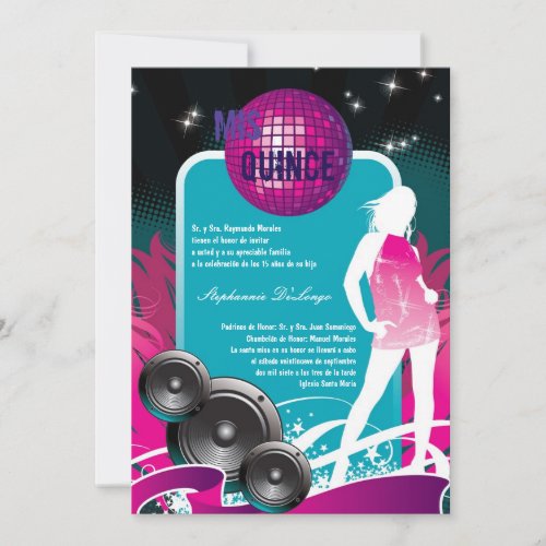 5x7 DJ Dance Party Girl Quinceanera Invitation
