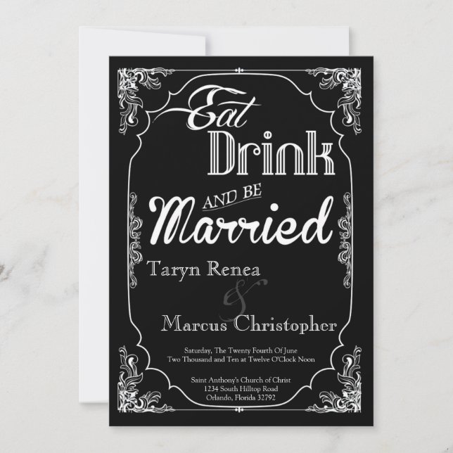 5x7 Eat Drink Be Married Black Wedding Invitation (Front)