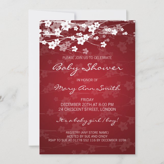 5x7 Elegant Baby Shower Cherry Blossom Red Invitation (Front)
