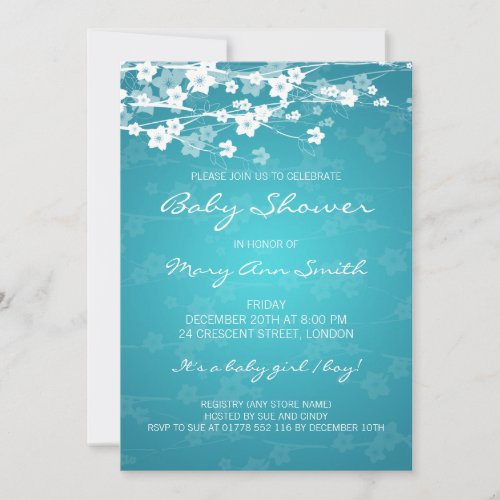 5x7 Elegant Baby Shower Cherry Blossom Turquoise Invitations