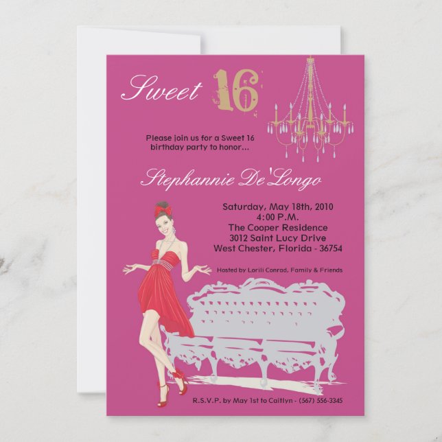 5x7 Elegant Party Sweet 16 Birthday Invitation (Front)