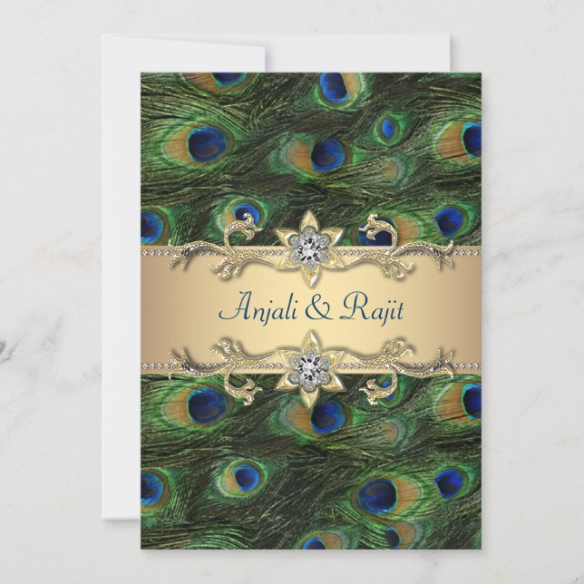 5x7 Emerald Green Elegant Peacock Wedding Invitation (Front)