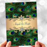 5x7 Metallic Gold Floral & Forest Green Wedding Invitation with