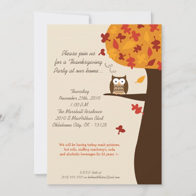5x7 Fall Hoot Owl Harvest Thanksgiving Invitation (Front)