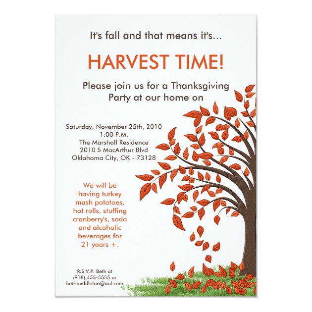 5x7 Fall Leaves Tree Harve Thanksgiving Invitation