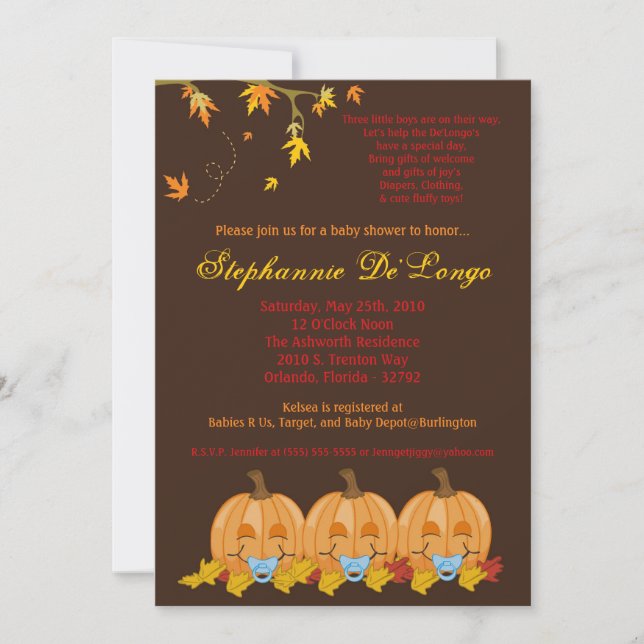 5x7 Fall Leaves TRIPLET Boy Baby Shower Invitation (Front)
