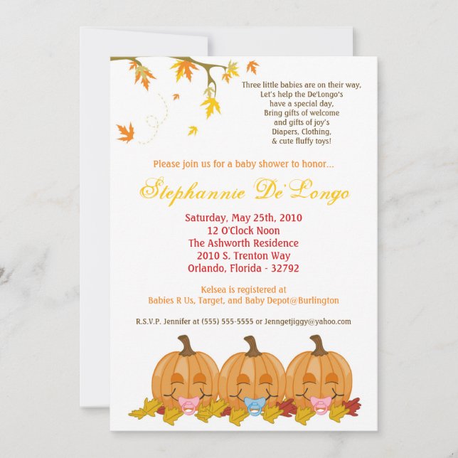 5x7 Fall Leaves TRIPLETS Baby Shower Invitation (Front)