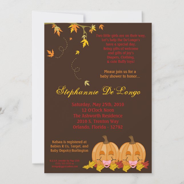 5x7 Fall Leaves TWIN Girl Baby Shower Invitation (Front)