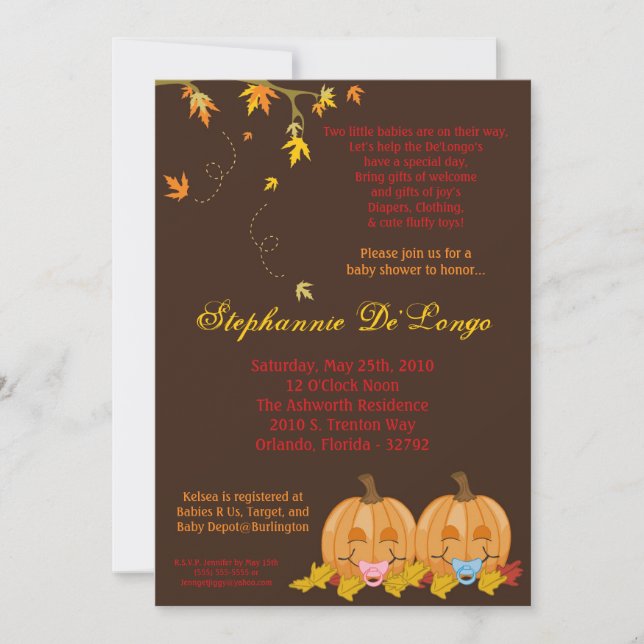 5x7 Fall Leaves TWIN TWINS Baby Shower Invitation (Front)