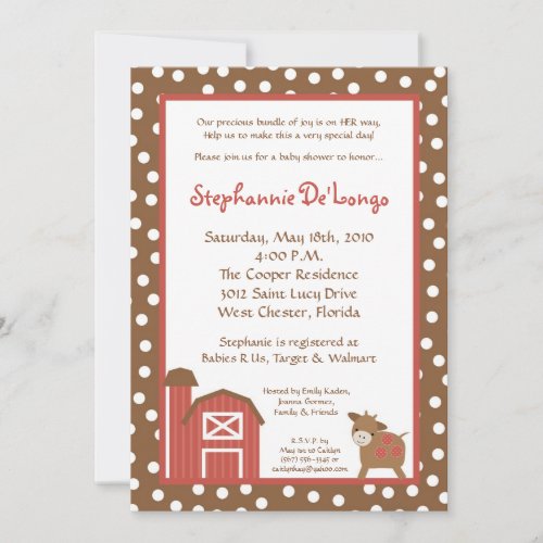 5x7 Farm Red Barn Cow Baby Shower Invitation