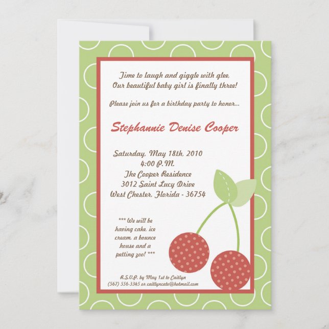 5x7 Farm Red Cherry Fruit Birthday Part Invitation (Front)