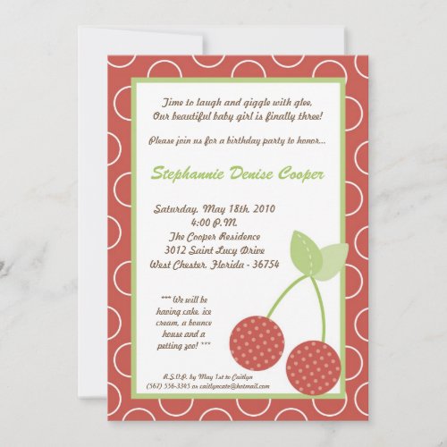 5x7 Farm Red Cherry Fruit Birthday Part Invitation