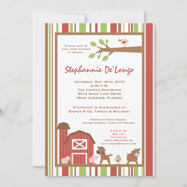 5x7 Farm RedBarn Cow Animal Baby Shower Invitation (Front)