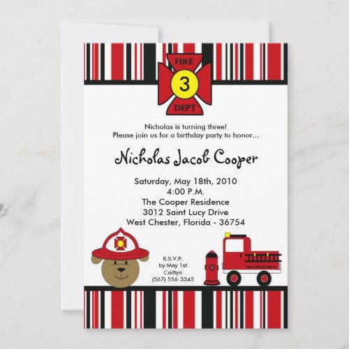 5x7 Fire Dog Firetruck Birthday Party Invitation