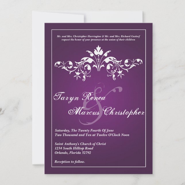 5x7 Floral Filigree Purple Wedding Invitation (Front)