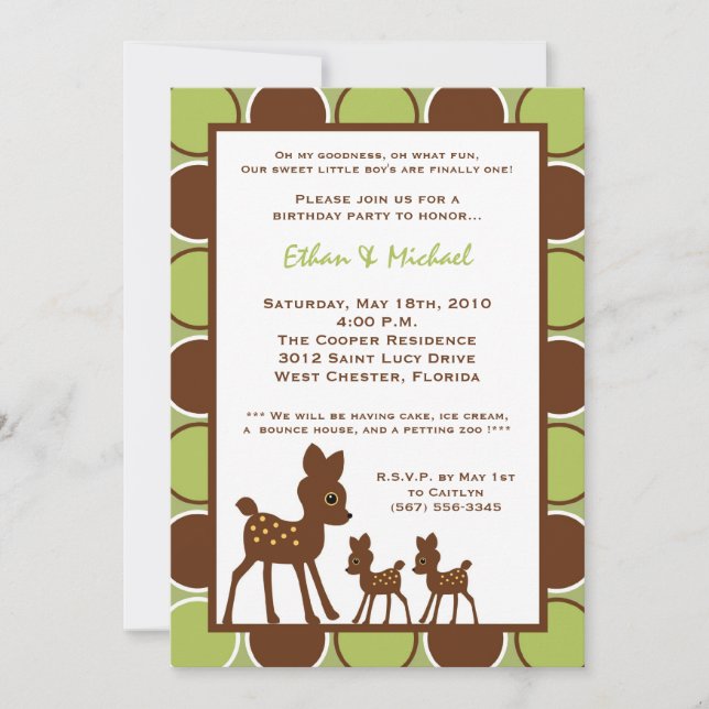 5x7 Forrest Mom TWIN Baby Birthday Part Invitation (Front)