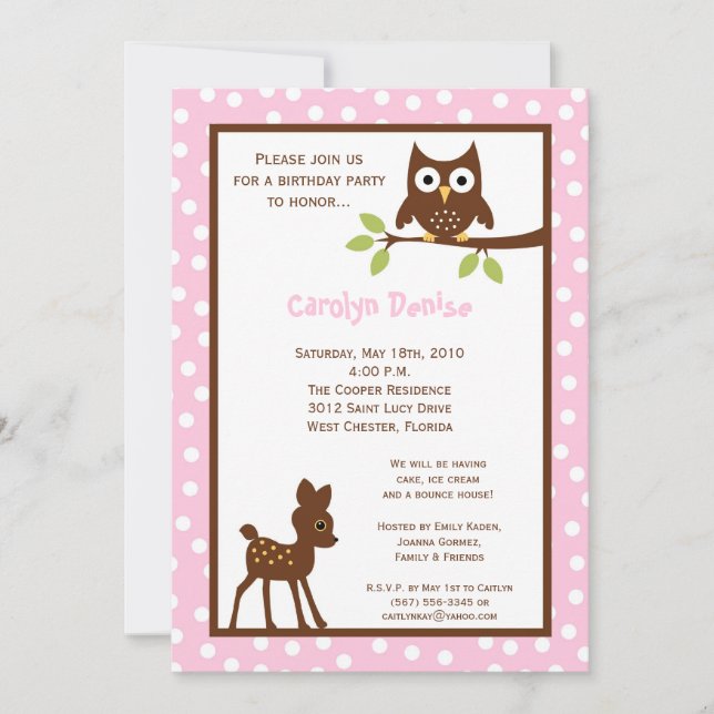 5x7 Forrest Woodland Animal Birthday Invitation (Front)
