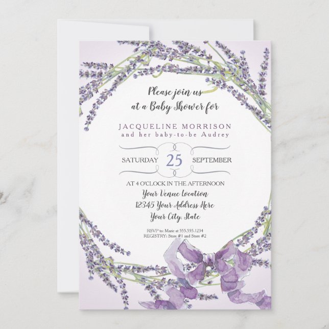 5x7 French Lavender Floral Wreath Baby Shower Invitation (Front)