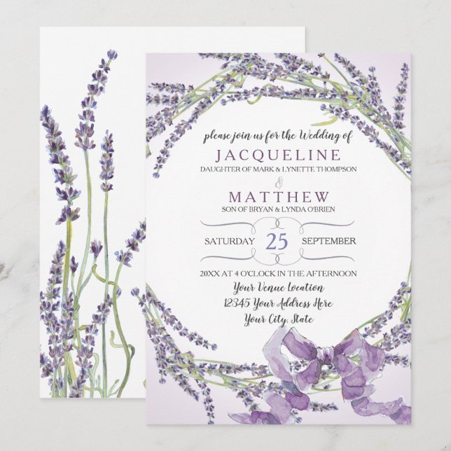 5x7 French Lavender Flower Wreath Lilac Purple Invitation (Front/Back)